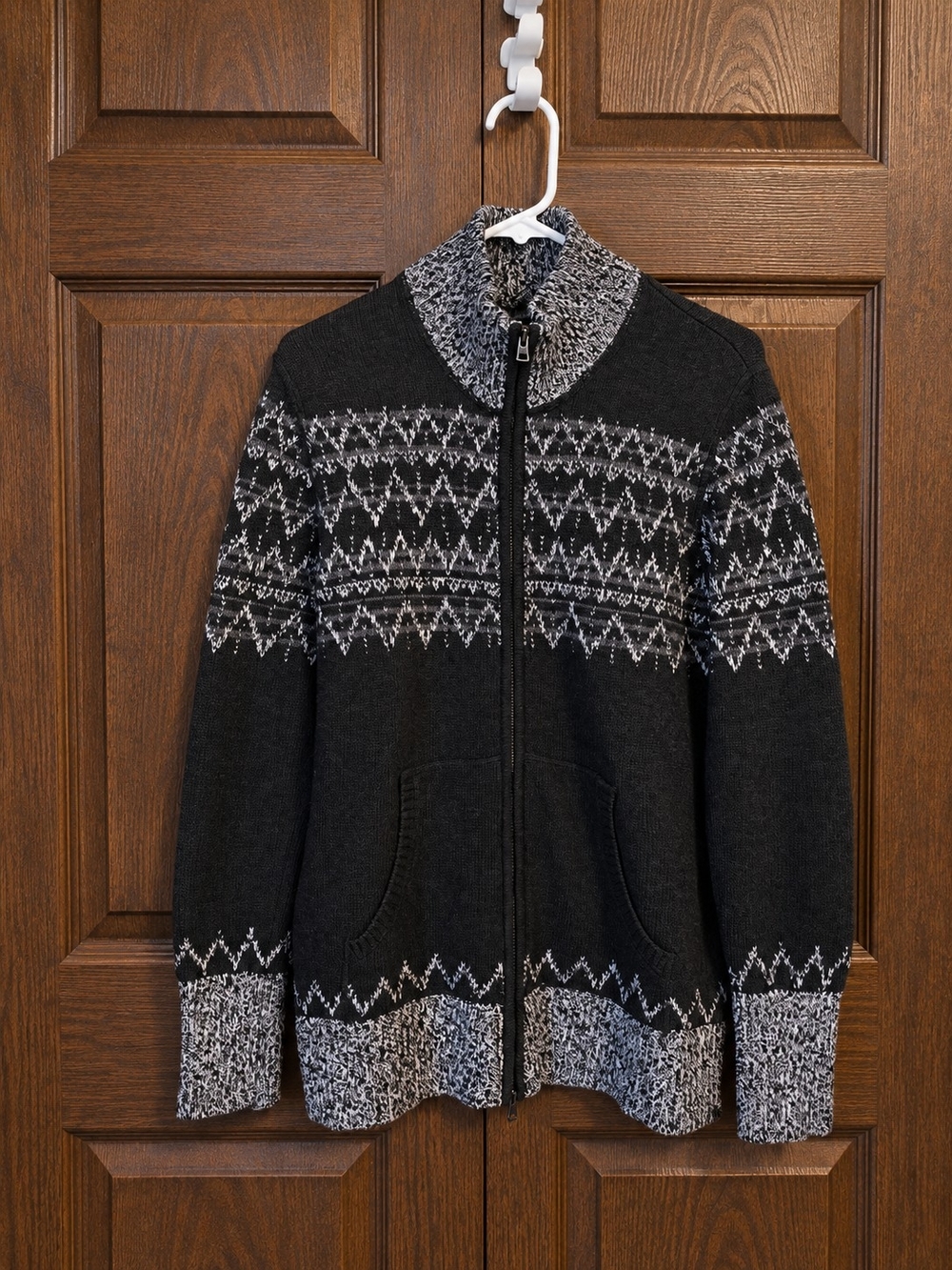 Eddie Bauer Black and White Fair Isle Zip-Up Sweater - Large